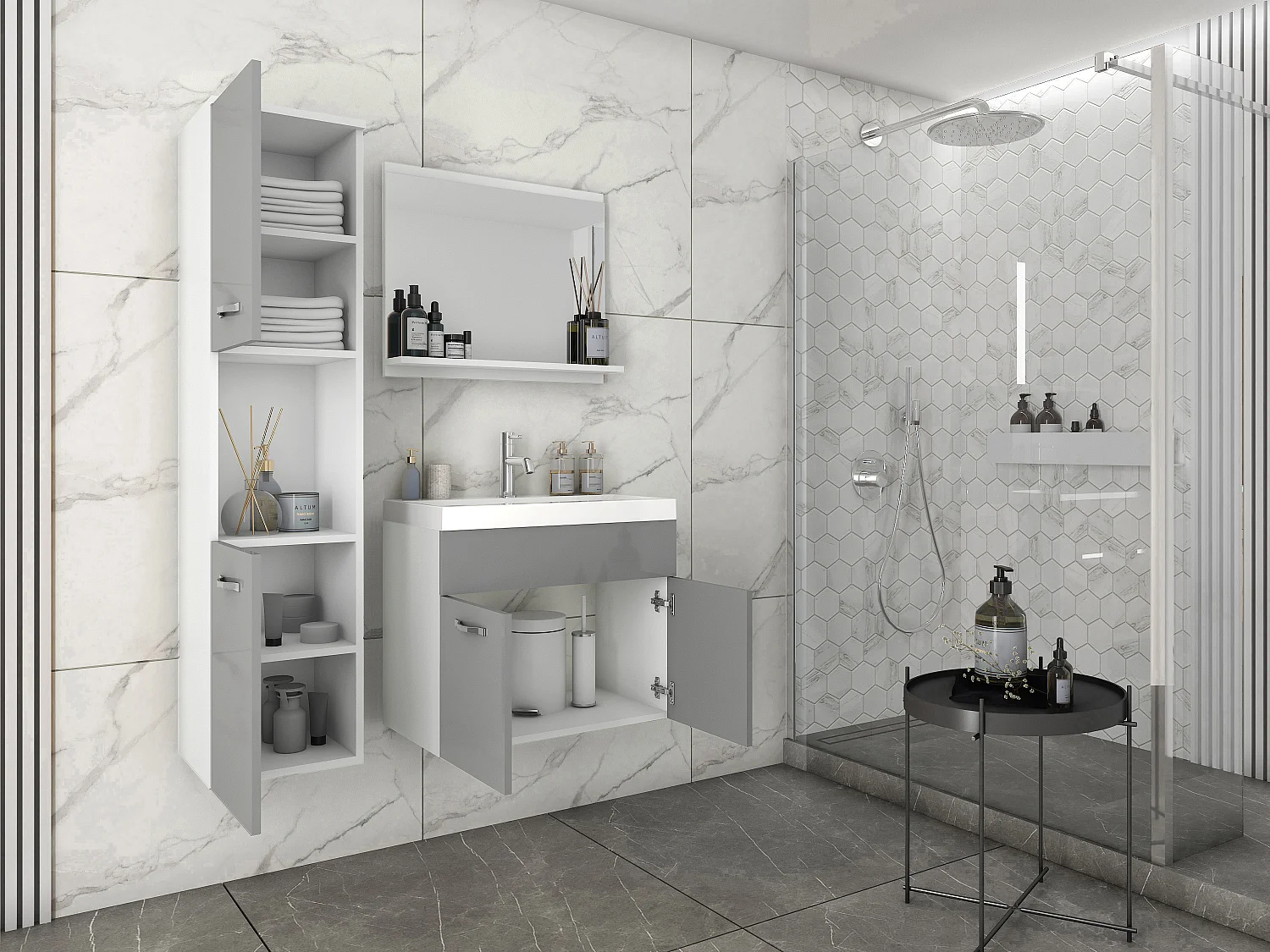 Ensemble de salle de bain suspendu avec lavabo, miroir et colonne, caisson blanc façades gris brillant