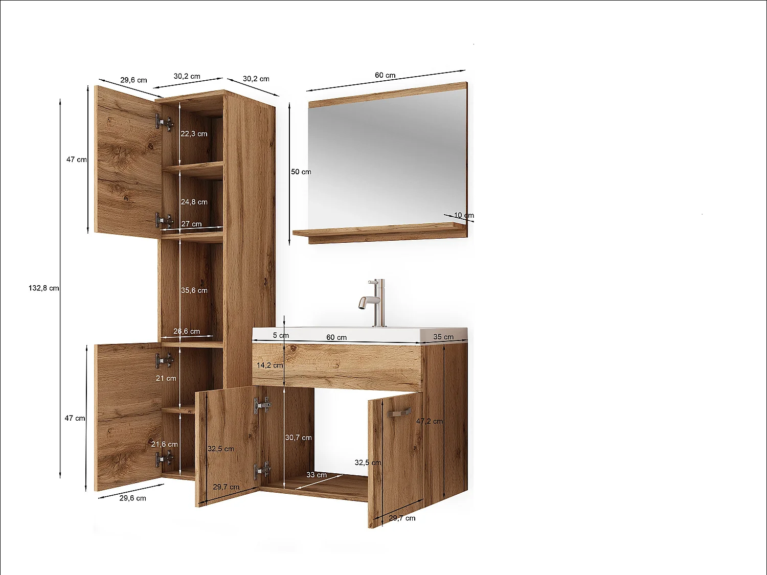 Ensemble de salle de bain suspendu avec lavabo, miroir et colonne, caisson blanc façades gris brillant