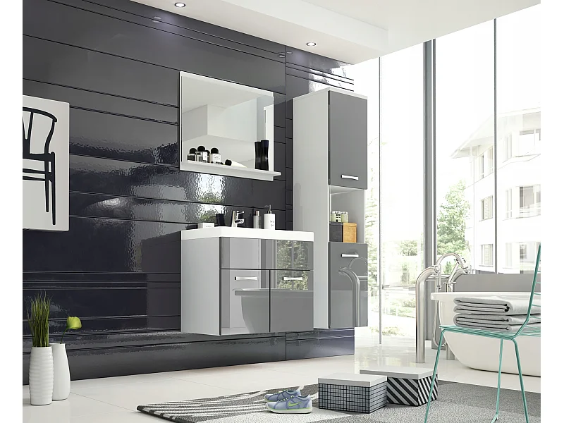 Zestaw mebli łazienkowych, komplet wiszący z umywalką, lustrem i słupkiem, korpus biały fronty szary połysk