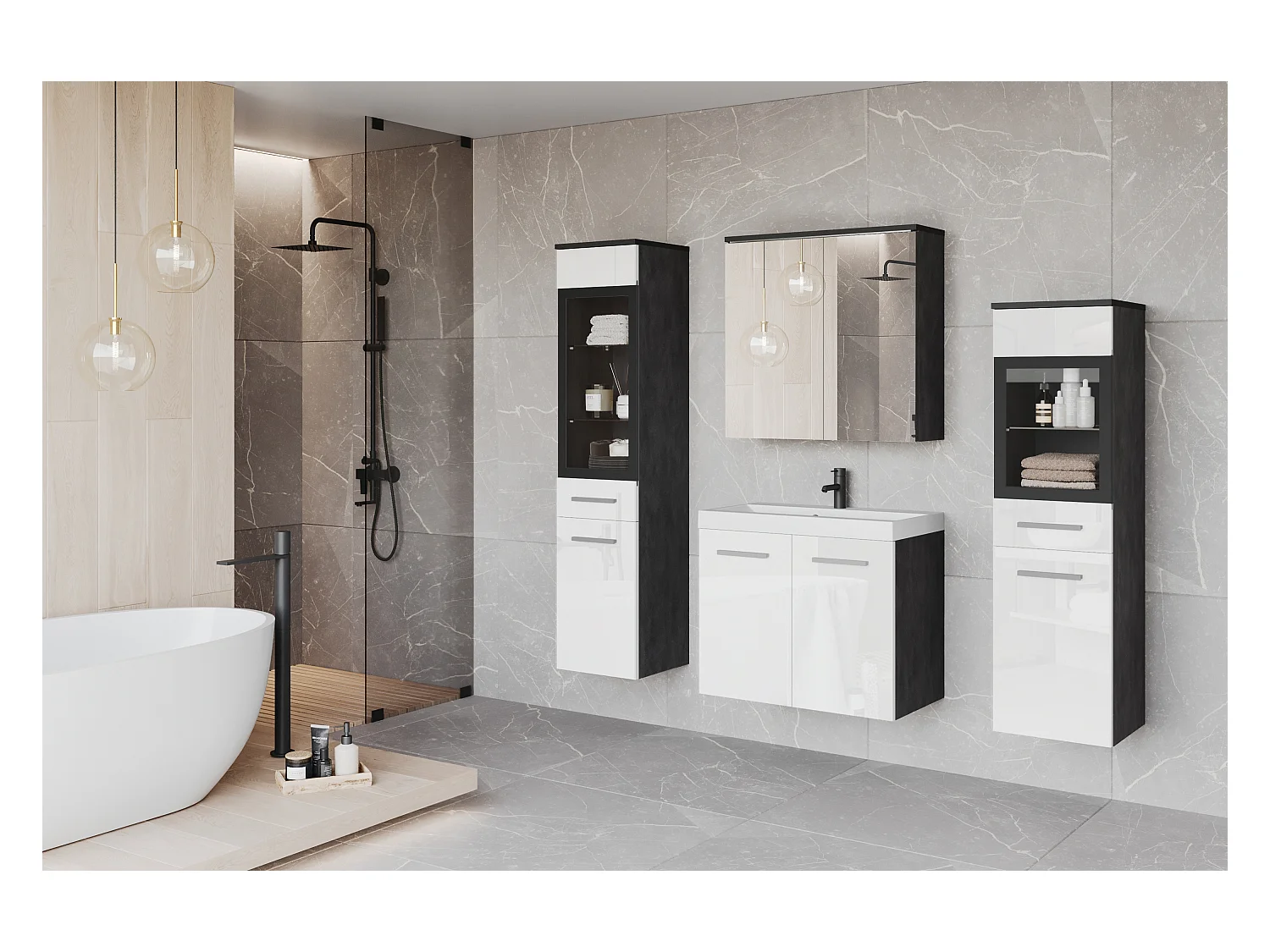 Conjunto de baño suspendido con lavabo, 2 columnas y armario con espejo, cuerpo matera mate / frentes blanco brillo