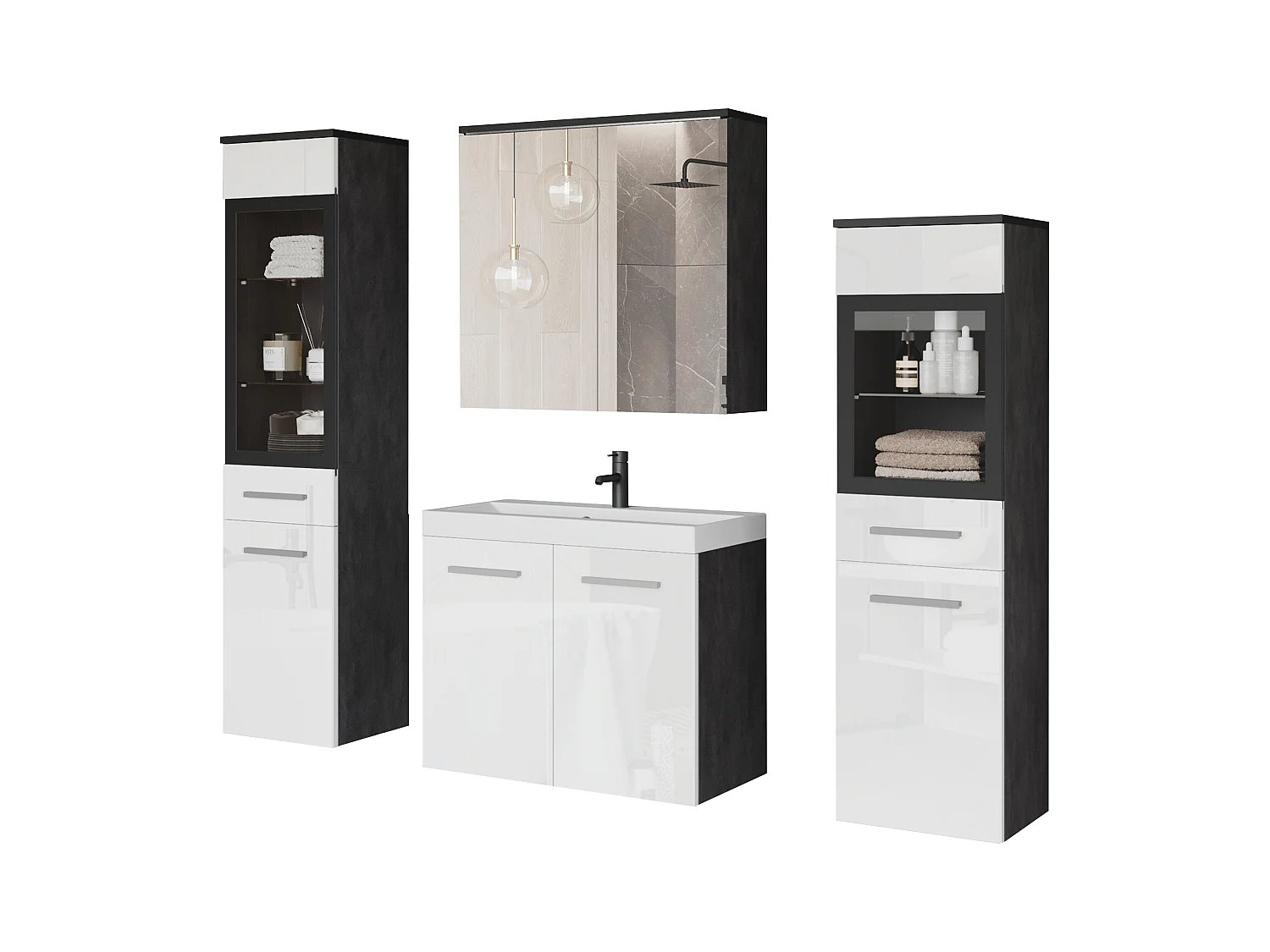 Conjunto de baño suspendido con lavabo, 2 columnas y armario con espejo, cuerpo matera mate / frentes blanco brillo