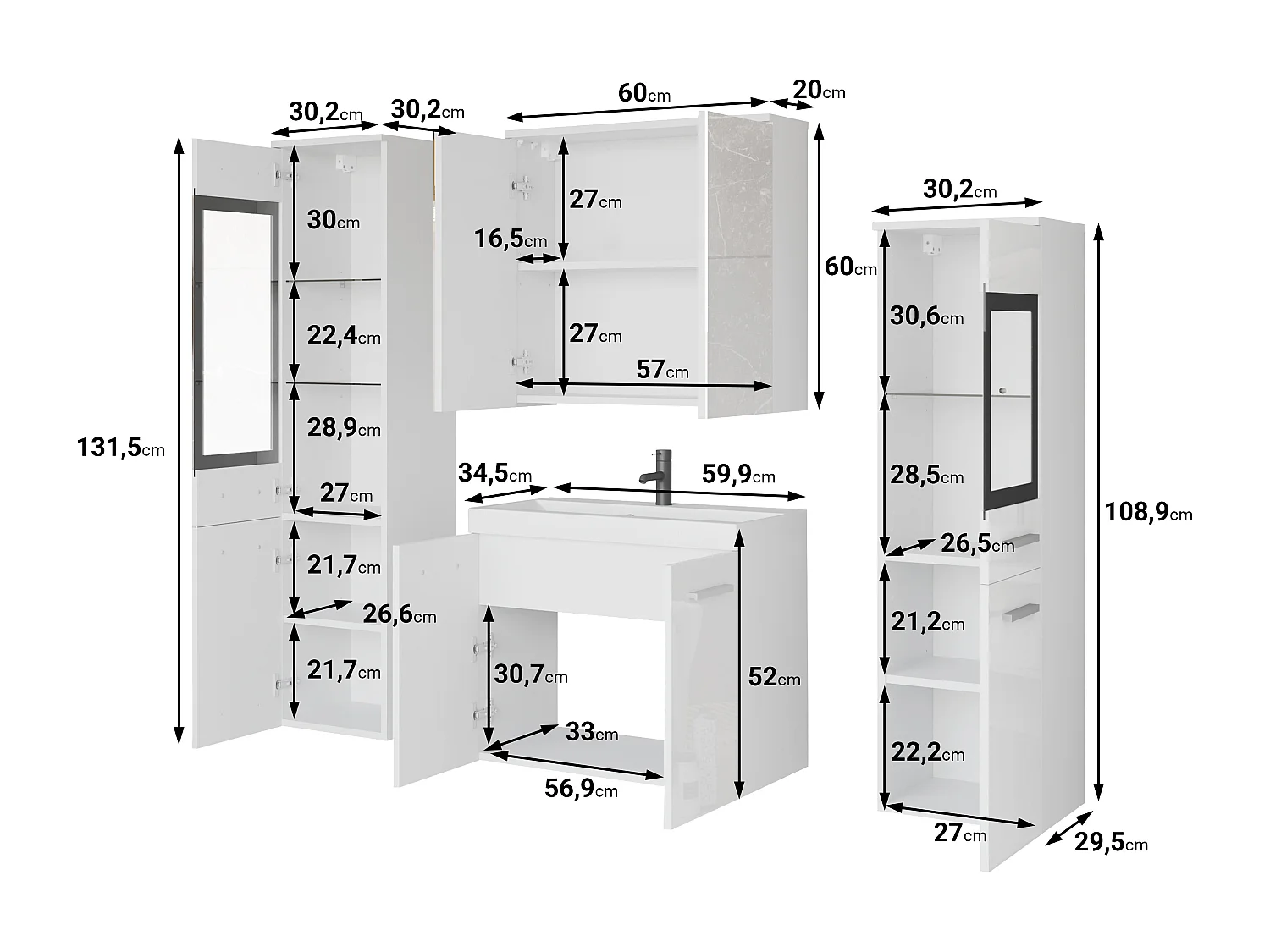 Ensemble de salle de bain suspendu avec lavabo, 2 colonnes et armoire miroir, caisson matera mat / façades blanc brillant