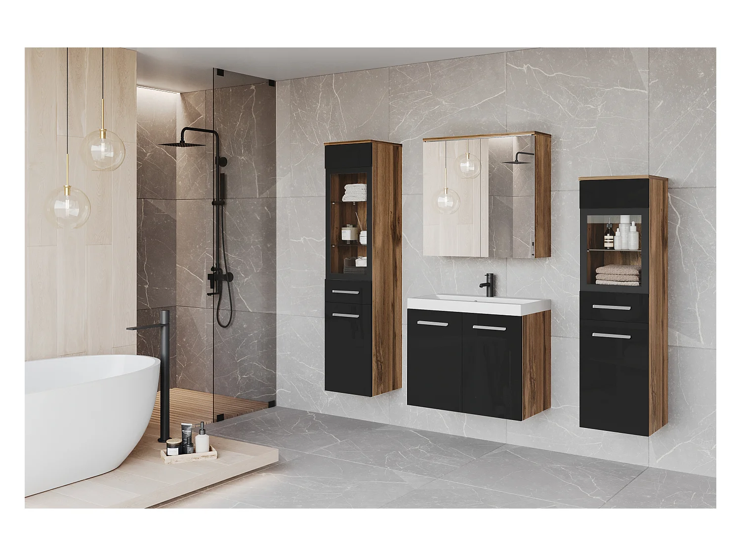 Meble łazienkowe, zestaw wiszący do łazienki z umywalką, 2 słupkami i szafką lustrzaną, korpus dąb wotan mat / fronty czarny połysk