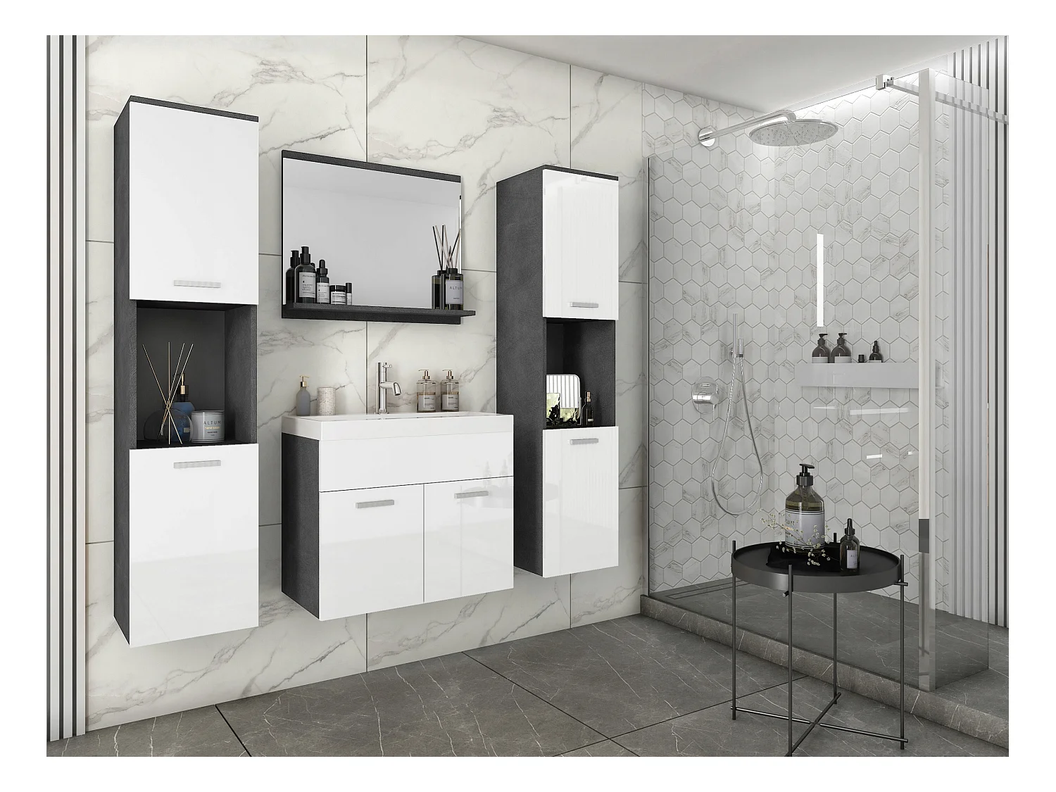 Zestaw mebli łazienkowych, komplet wiszący z umywalką, lustrem i 2 słupkami, korpus matera fronty biały połysk