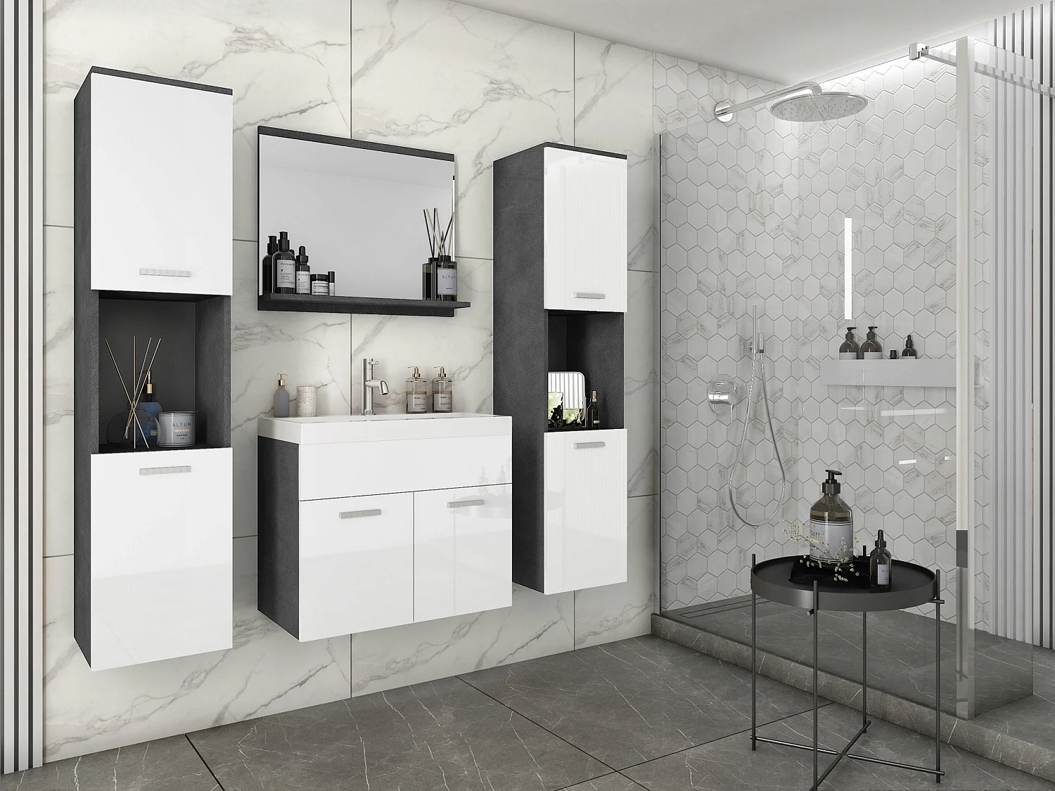 Zestaw mebli łazienkowych, komplet wiszący z umywalką, lustrem i 2 słupkami, korpus matera fronty biały połysk