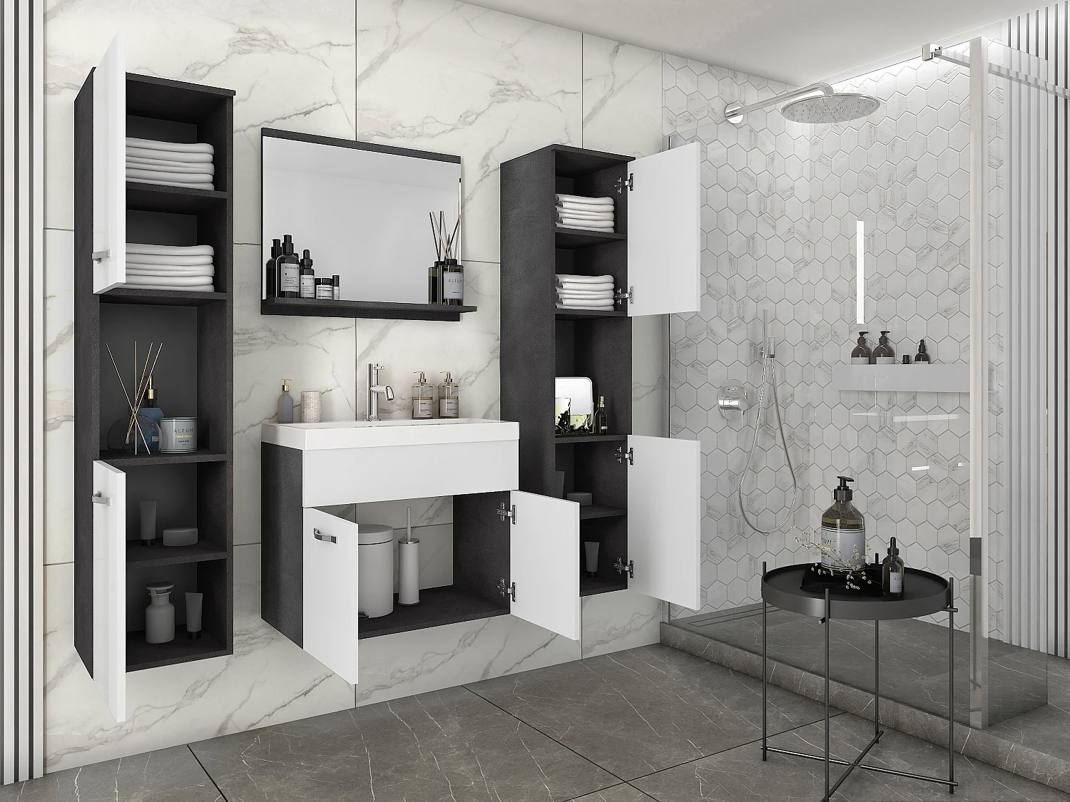 Zestaw mebli łazienkowych, komplet wiszący z umywalką, lustrem i 2 słupkami, korpus matera fronty biały połysk