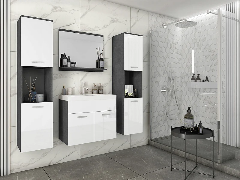 Ensemble de salle de bain suspendu avec lavabo, miroir et 2 colonnes, caisson matera façades blanc brillant