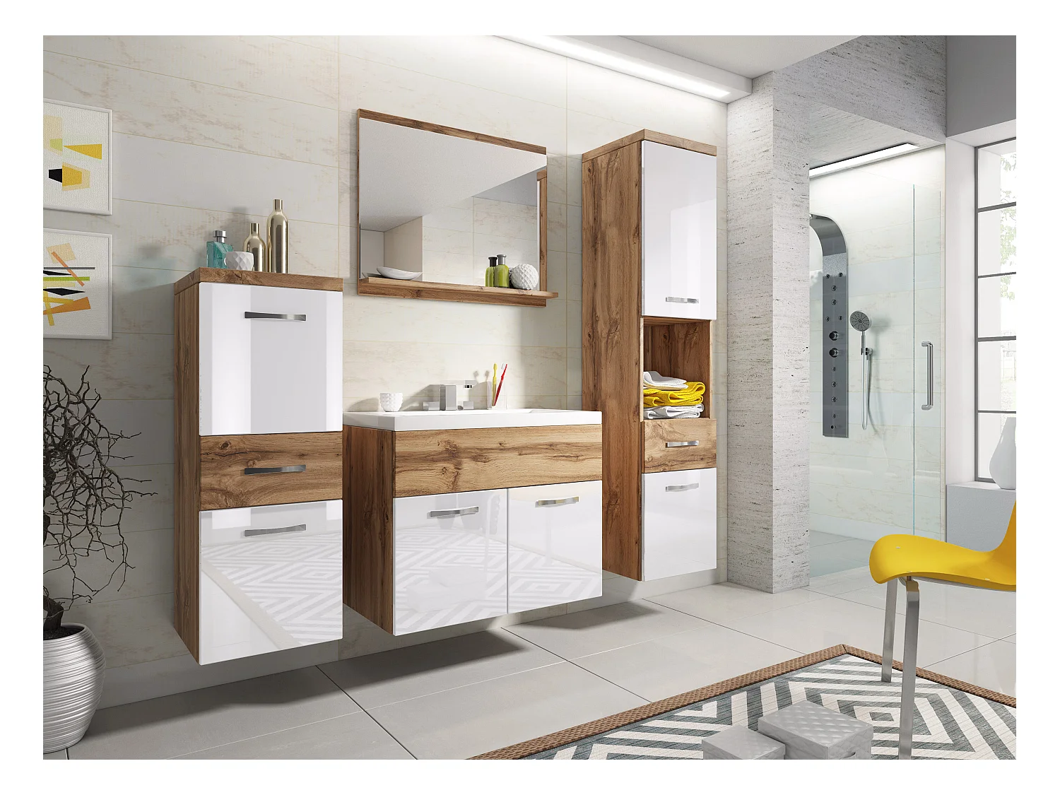 Nowoczesne meble łazienkowe, wiszący zestaw z umywalką, lustrem i słupkami, korpus dąb wotan mat / fronty biały połysk