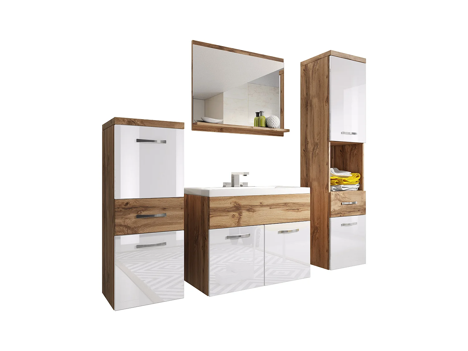 Nowoczesne meble łazienkowe, wiszący zestaw z umywalką, lustrem i słupkami, korpus dąb wotan mat / fronty biały połysk