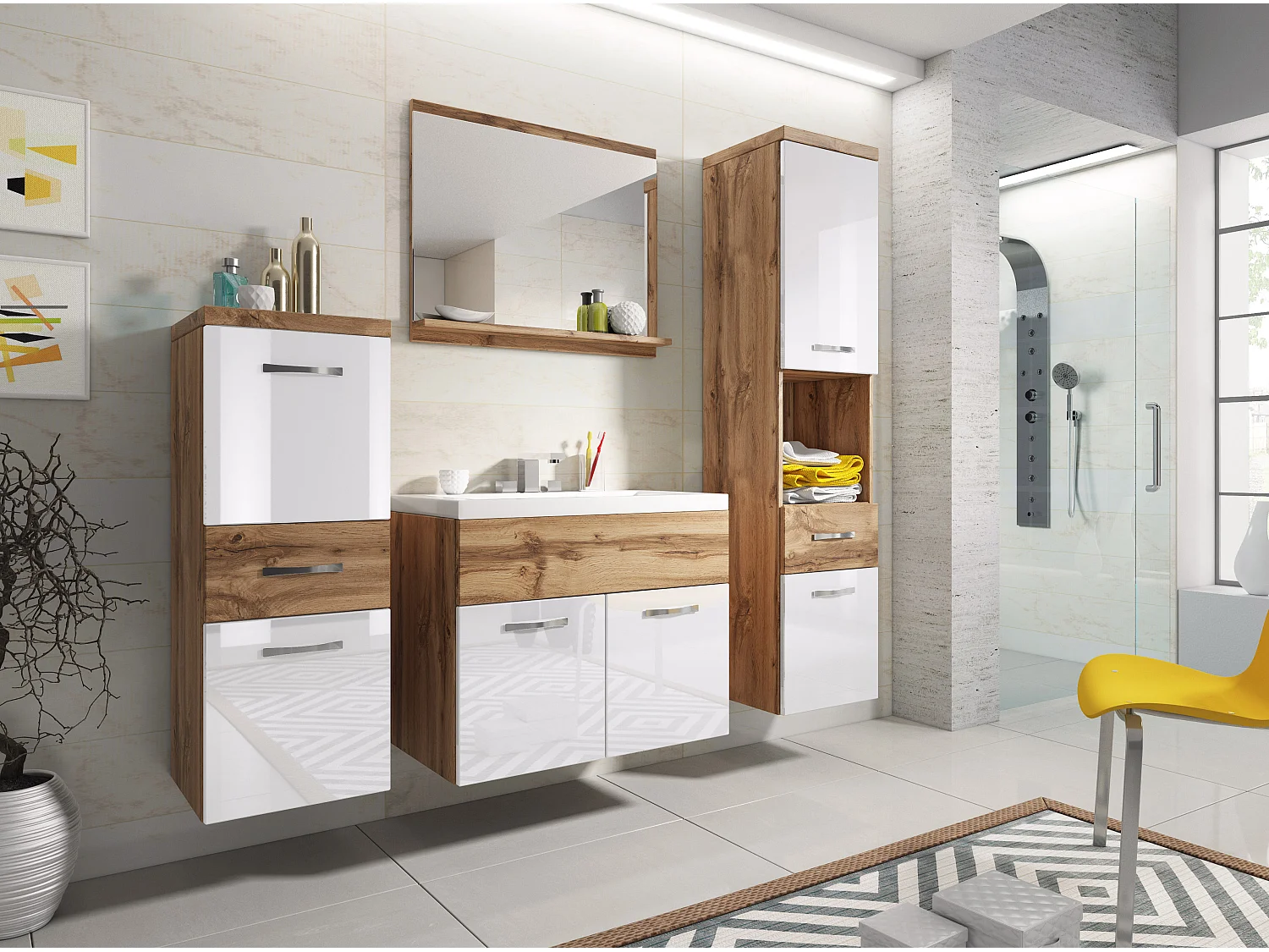 Meubles de salle de bain modernes, ensemble suspendu avec lavabo, miroir et colonnes, corps chêne wotan mat / façades blanc brillant