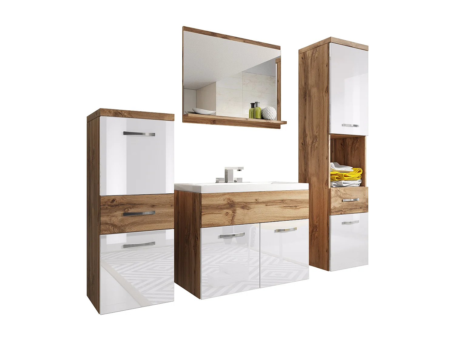 Meubles de salle de bain modernes, ensemble suspendu avec lavabo, miroir et colonnes, corps chêne wotan mat / façades blanc brillant