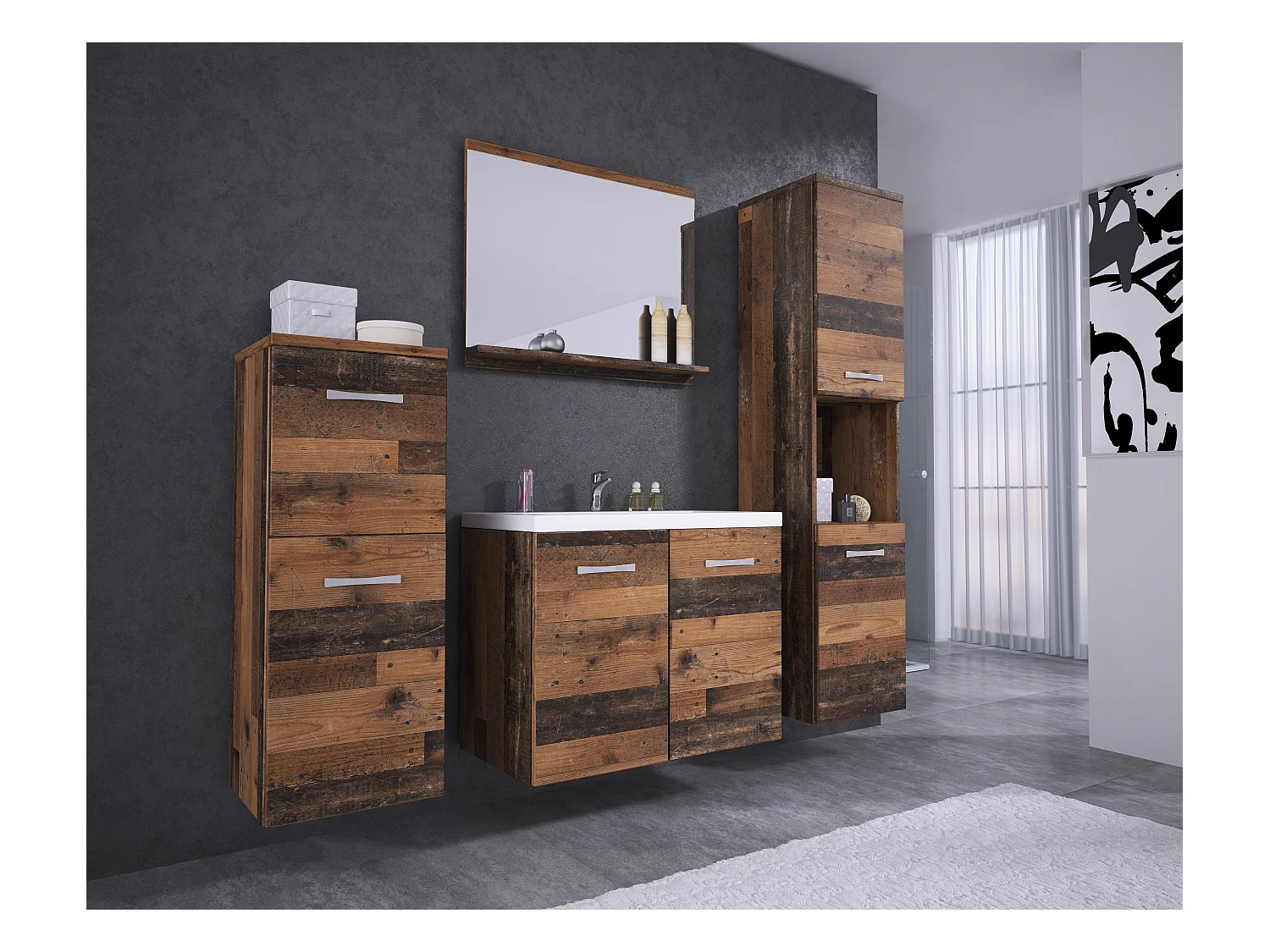 meble łazienkowe, zestaw wiszący do łazienki z umywalką, lustrem i 2 słupkami, old style mat