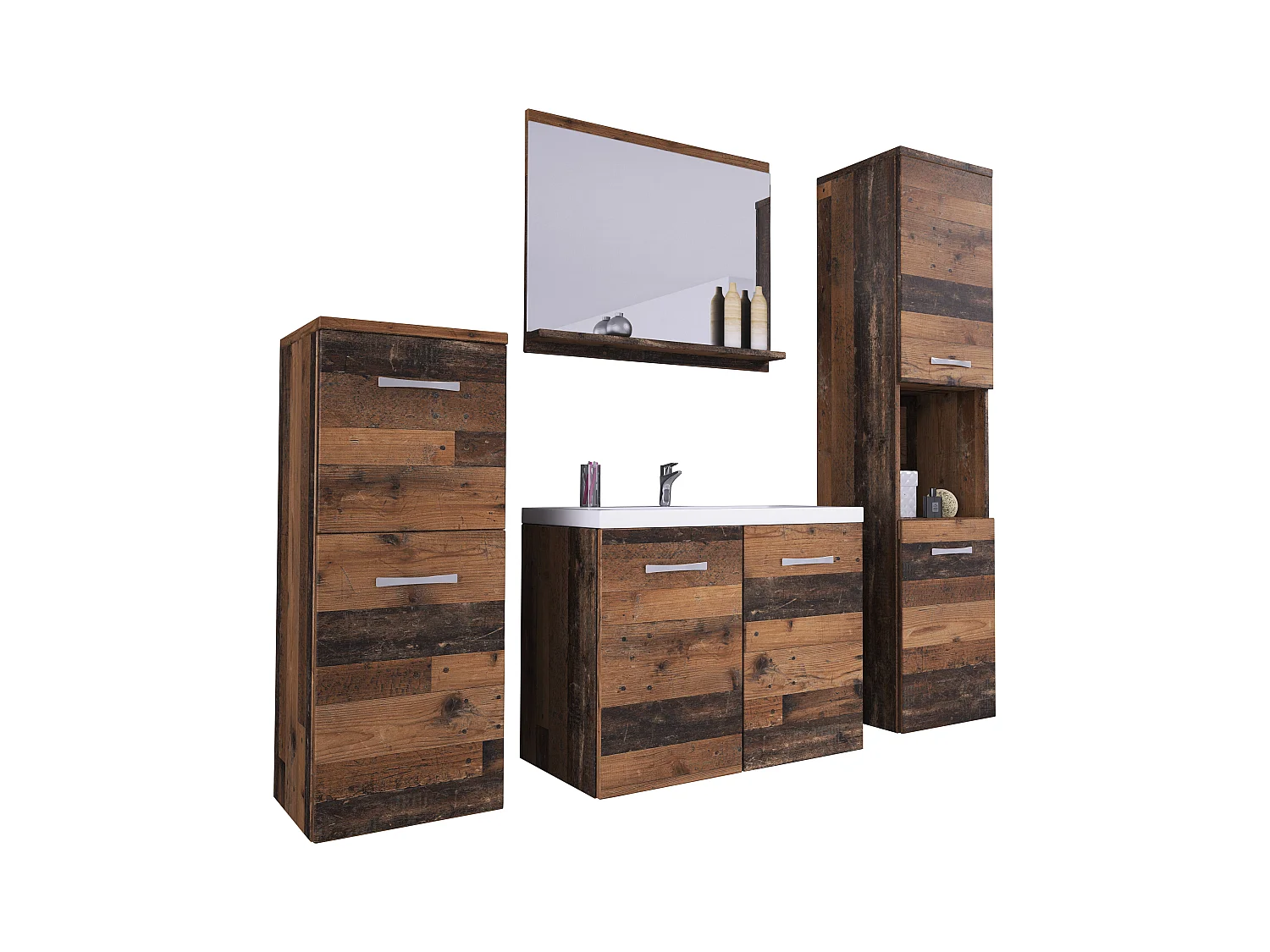 meble łazienkowe, zestaw wiszący do łazienki z umywalką, lustrem i 2 słupkami, old style mat