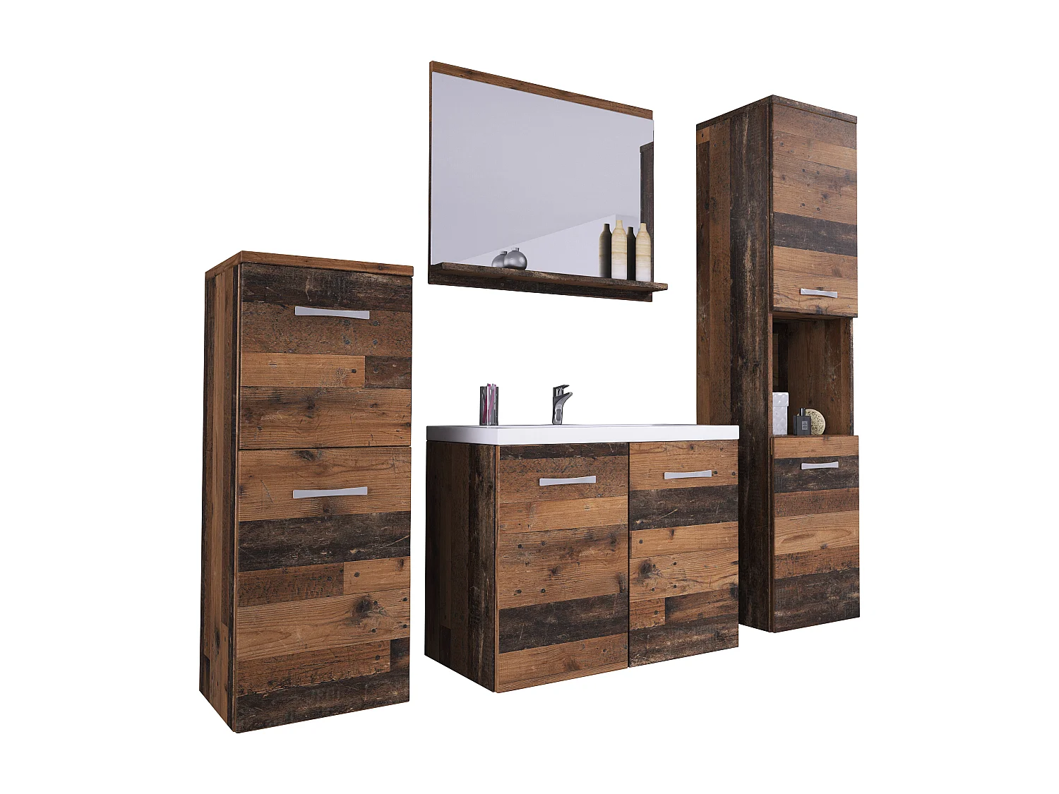 Meubles de salle de bain, ensemble suspendu avec lavabo, miroir et 2 colonnes, old style mat