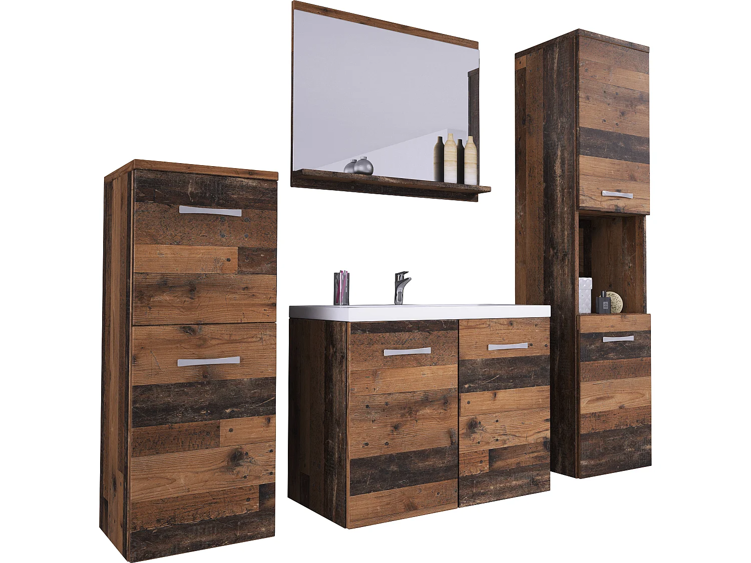 Meubles de salle de bain, ensemble suspendu avec lavabo, miroir et 2 colonnes, old style mat