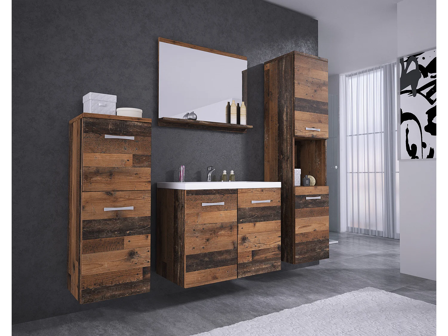 Meubles de salle de bain, ensemble suspendu avec lavabo, miroir et 2 colonnes, old style mat