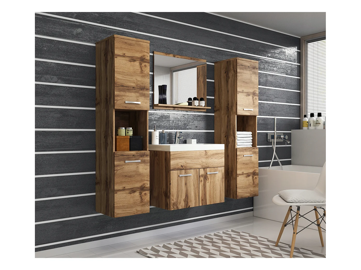 Conjunto de casa de banho suspenso com lavatório, espelho e 2 colunas, wotan mate