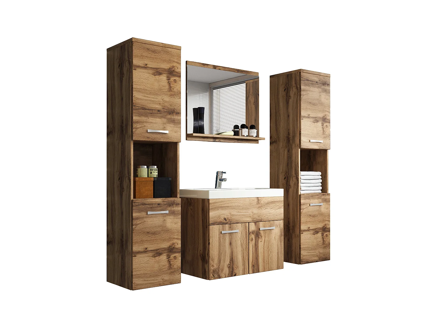 Conjunto de casa de banho suspenso com lavatório, espelho e 2 colunas, wotan mate