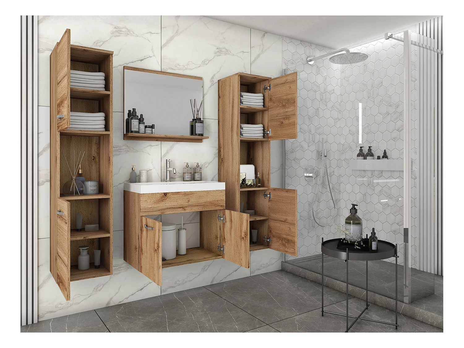 Conjunto de casa de banho suspenso com lavatório, espelho e 2 colunas, wotan mate