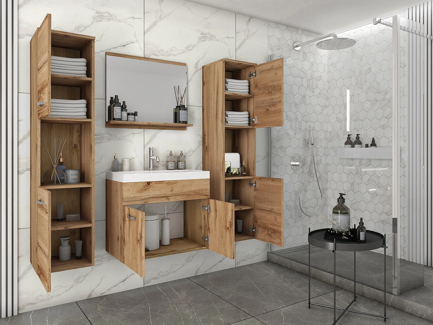 Badkamerset hangend met wastafel, spiegel en 2 kolomkasten, wotan mat