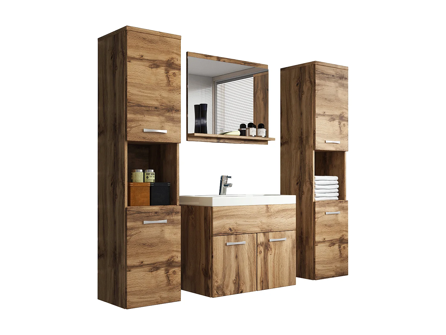 Ensemble de salle de bain suspendu avec lavabo, miroir et 2 colonnes, wotan mat