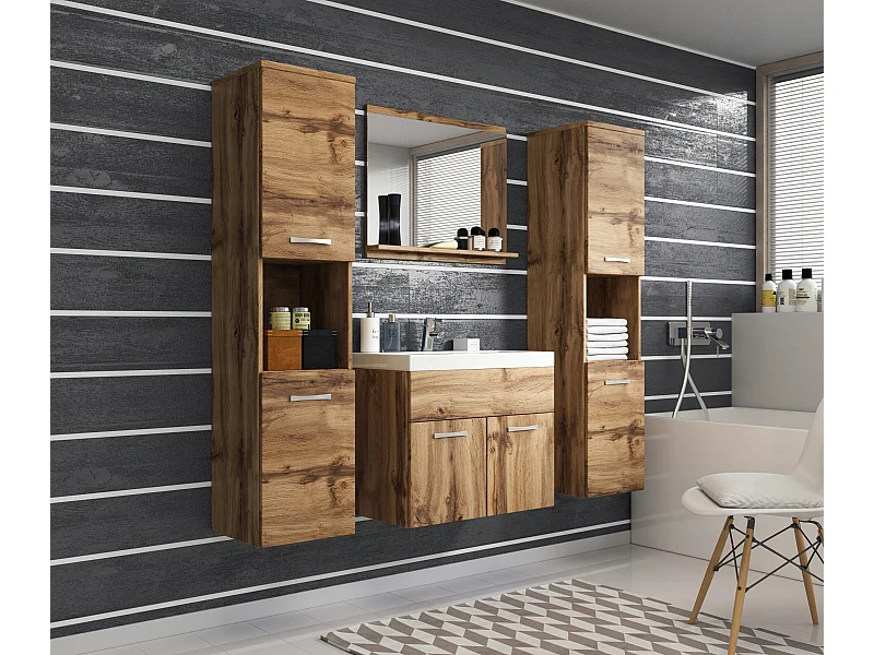 Conjunto de baño colgante con lavabo, espejo y 2 columnas, wotan mate