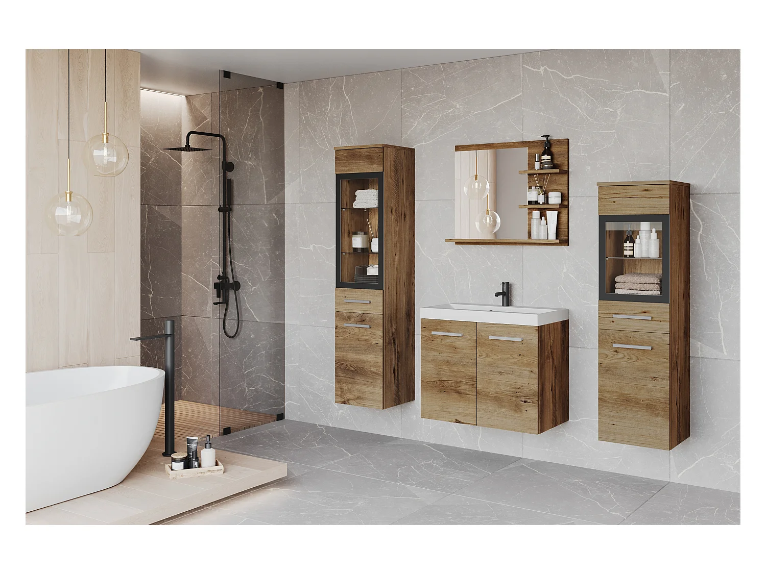 Conjunto de casa de banho, móveis suspensos com lavatório, 2 colunas e espelho com prateleiras, castanheiro mate