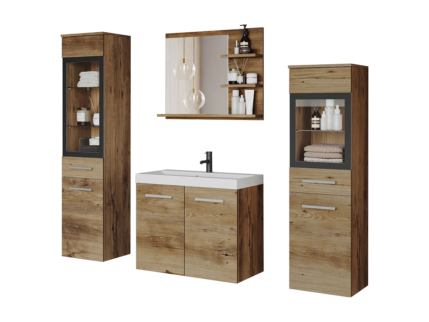 Badkamer set, hangende meubels met wastafel, 2 kolomkasten en spiegel met planken, kastanje mat