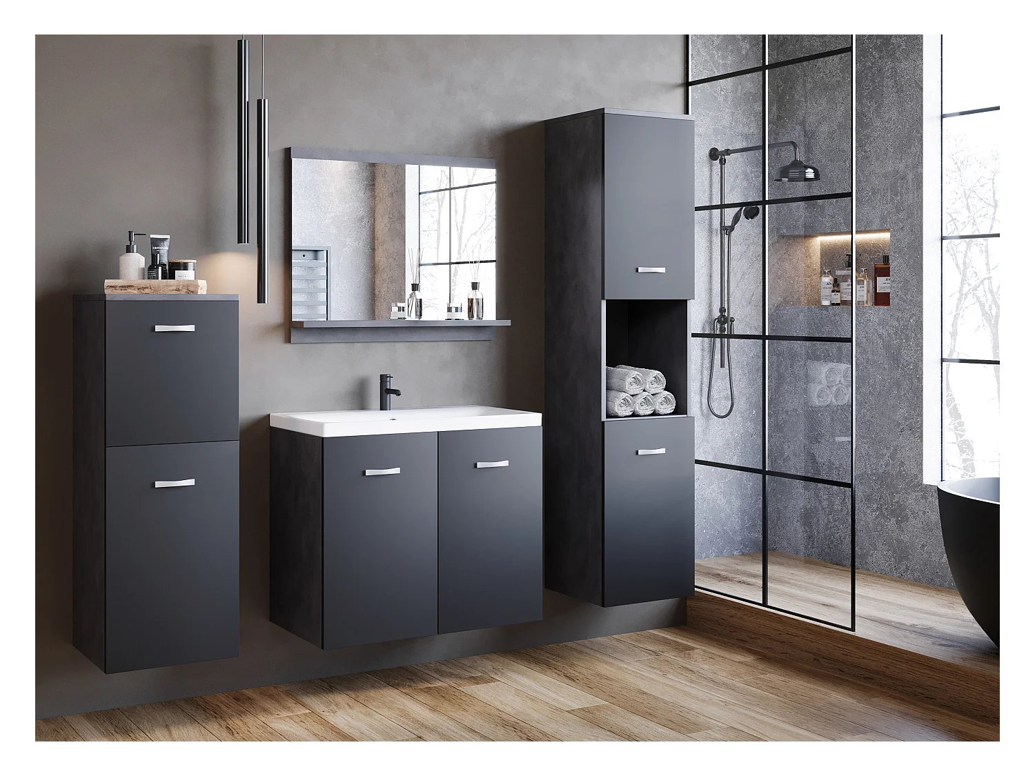 Meubles de salle de bain, ensemble suspendu avec lavabo, miroir et 2 colonnes, graphite noir mat