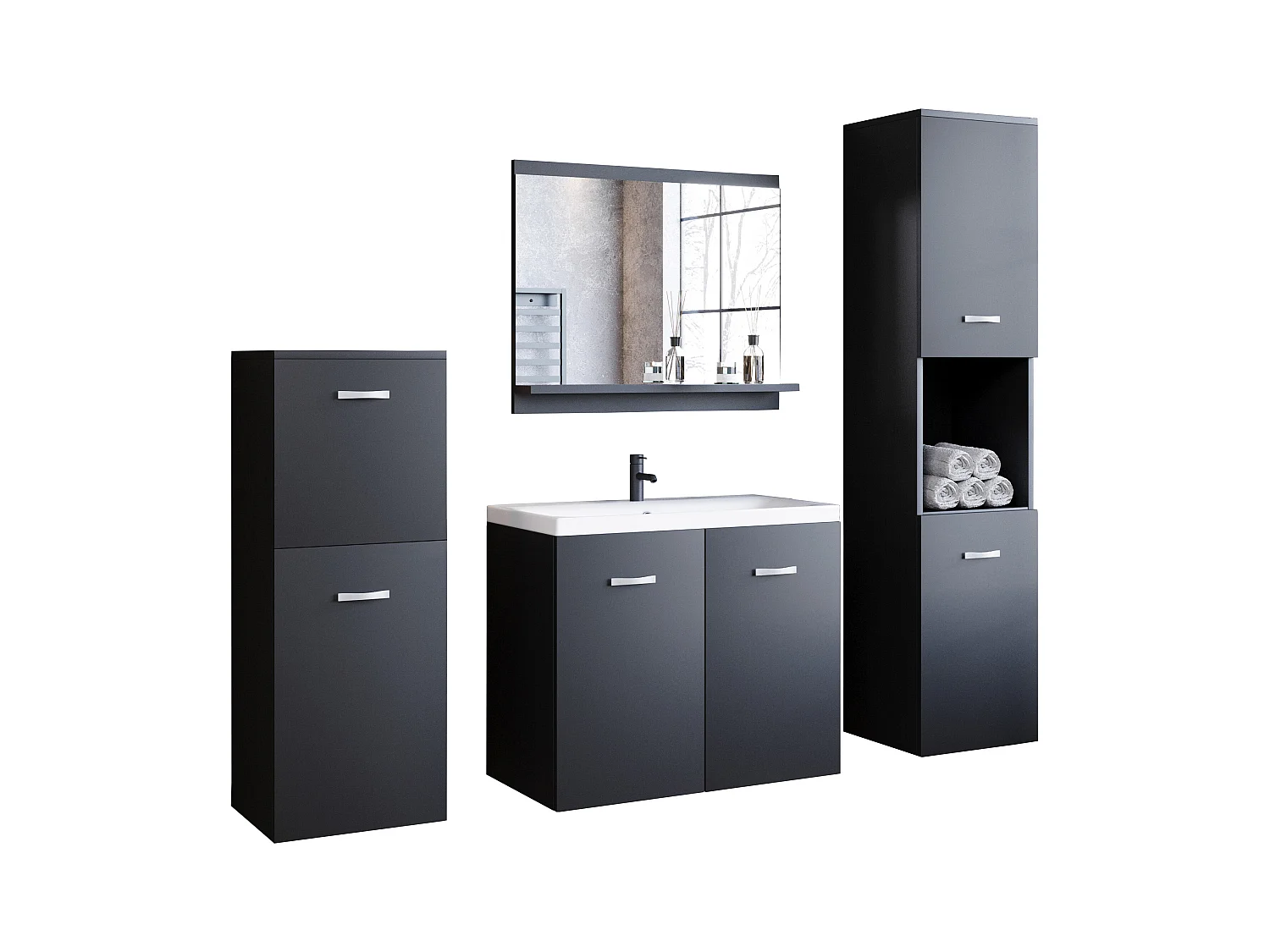 Meubles de salle de bain, ensemble suspendu avec lavabo, miroir et 2 colonnes, graphite noir mat