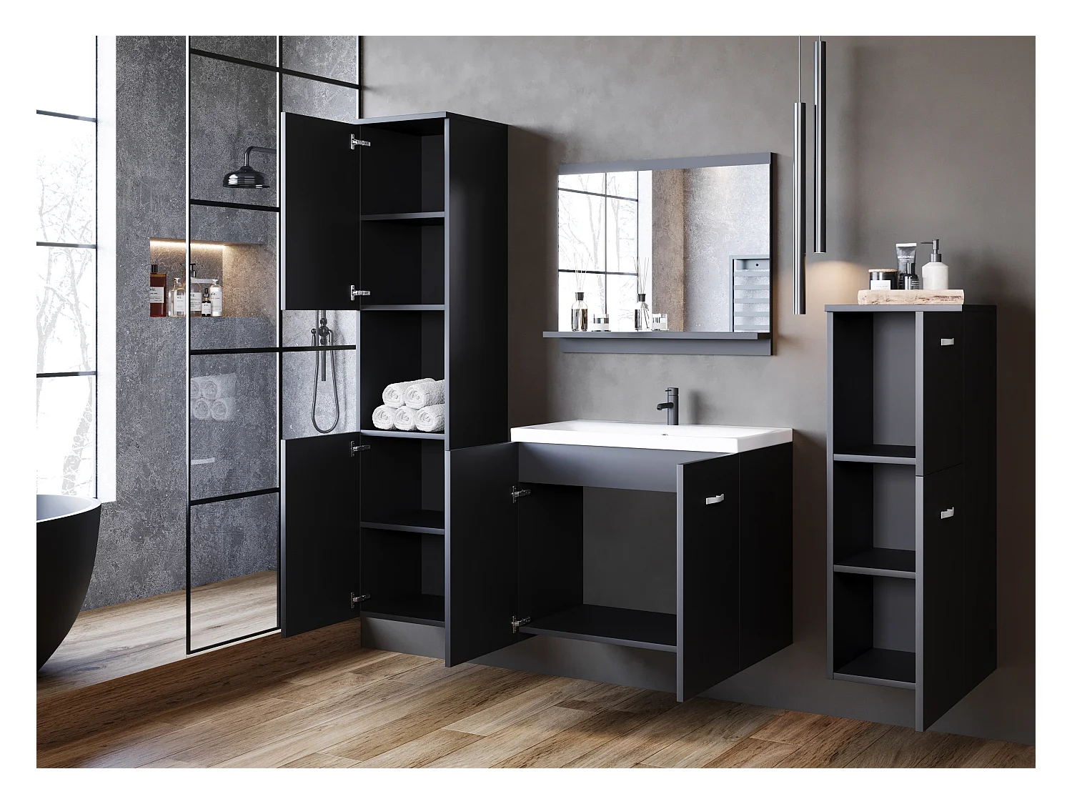 Meubles de salle de bain, ensemble suspendu avec lavabo, miroir et 2 colonnes, graphite noir mat