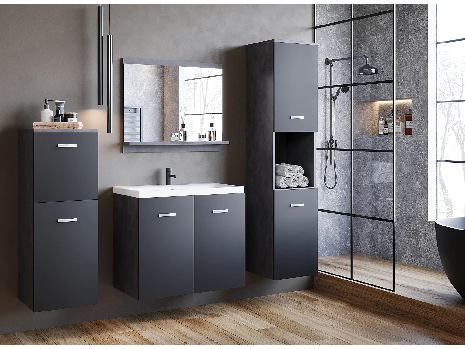 Meubles de salle de bain, ensemble suspendu avec lavabo, miroir et 2 colonnes, graphite noir mat