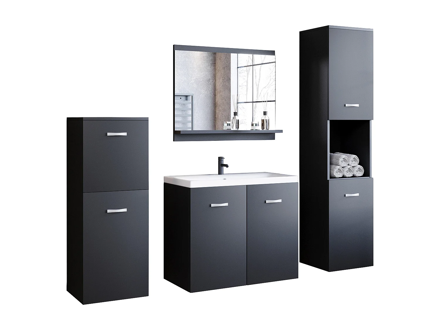 Meubles de salle de bain, ensemble suspendu avec lavabo, miroir et 2 colonnes, graphite noir mat