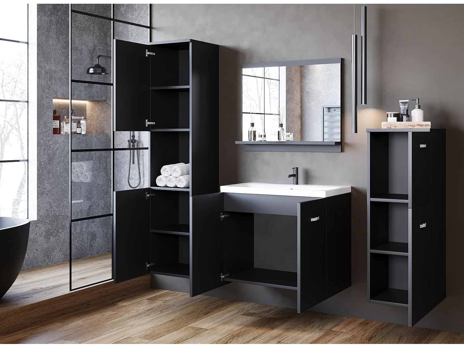 Meubles de salle de bain, ensemble suspendu avec lavabo, miroir et 2 colonnes, graphite noir mat