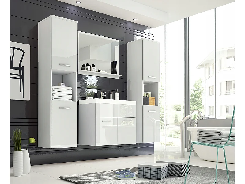 Ensemble de salle de bain suspendu avec lavabo, miroir et 2 colonnes, caisson blanc mat façades blanc brillant