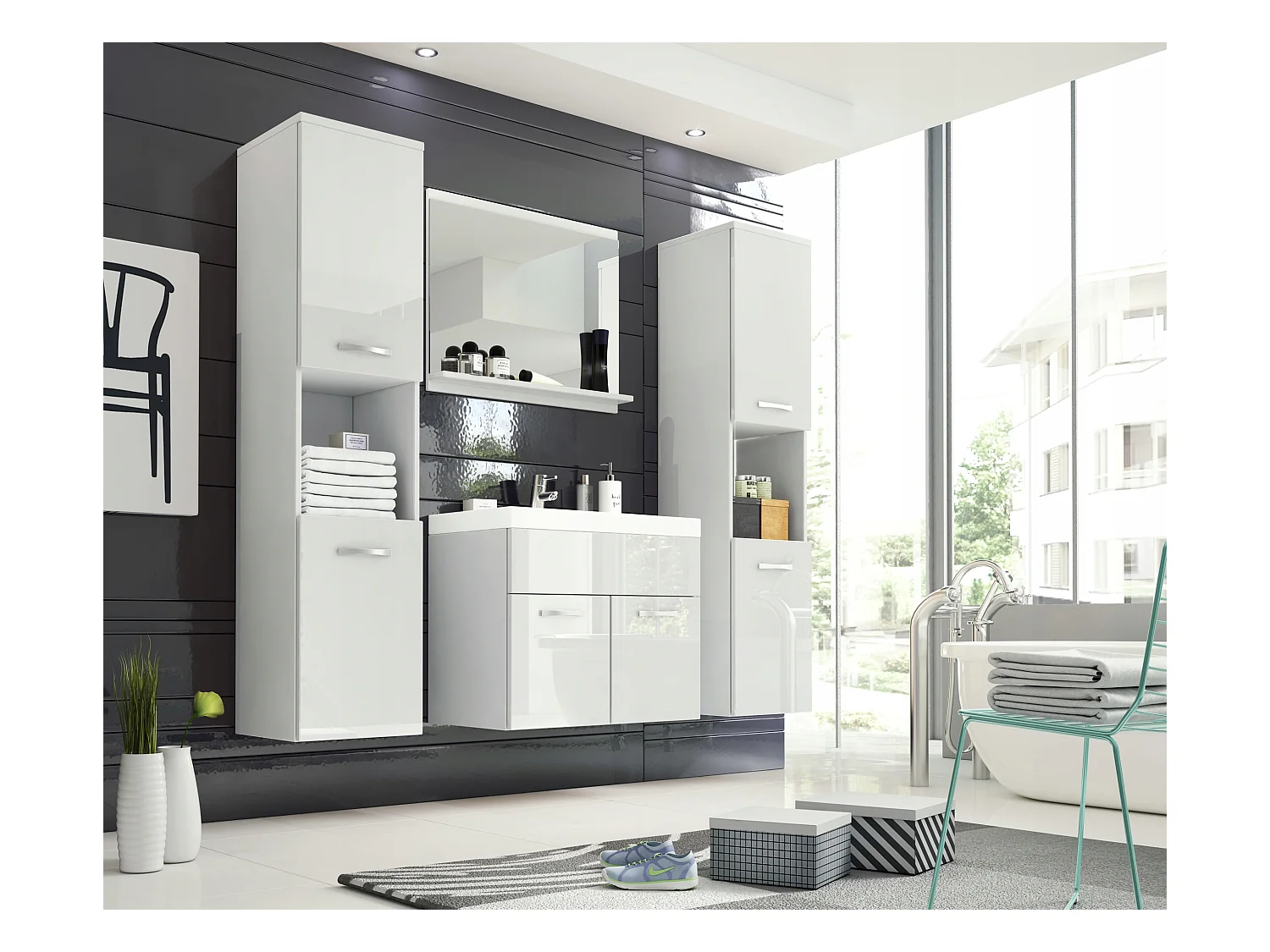 Ensemble de salle de bain suspendu avec lavabo, miroir et 2 colonnes, caisson blanc mat façades blanc brillant