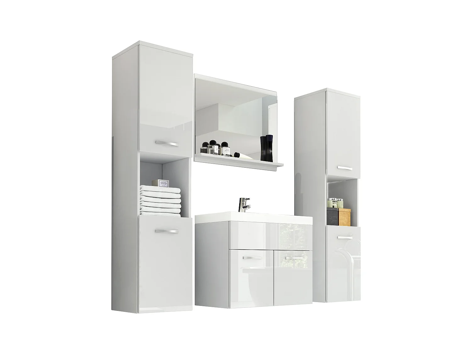 Ensemble de salle de bain suspendu avec lavabo, miroir et 2 colonnes, caisson blanc mat façades blanc brillant