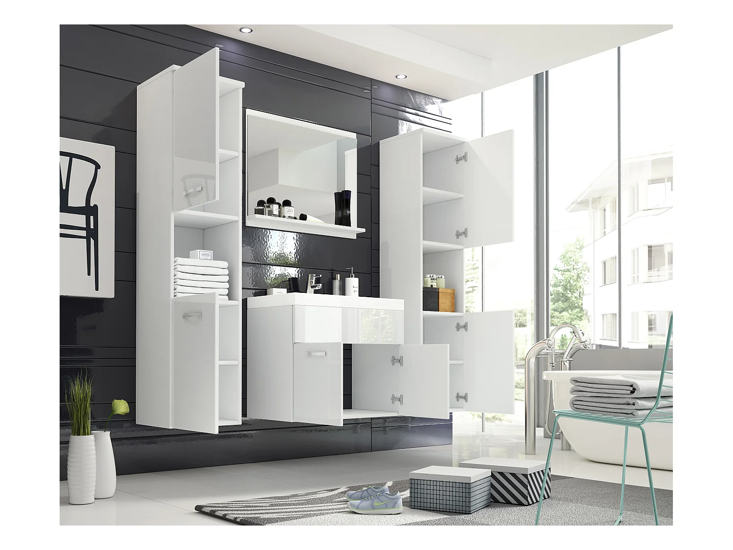 Ensemble de salle de bain suspendu avec lavabo, miroir et 2 colonnes, caisson blanc mat façades blanc brillant