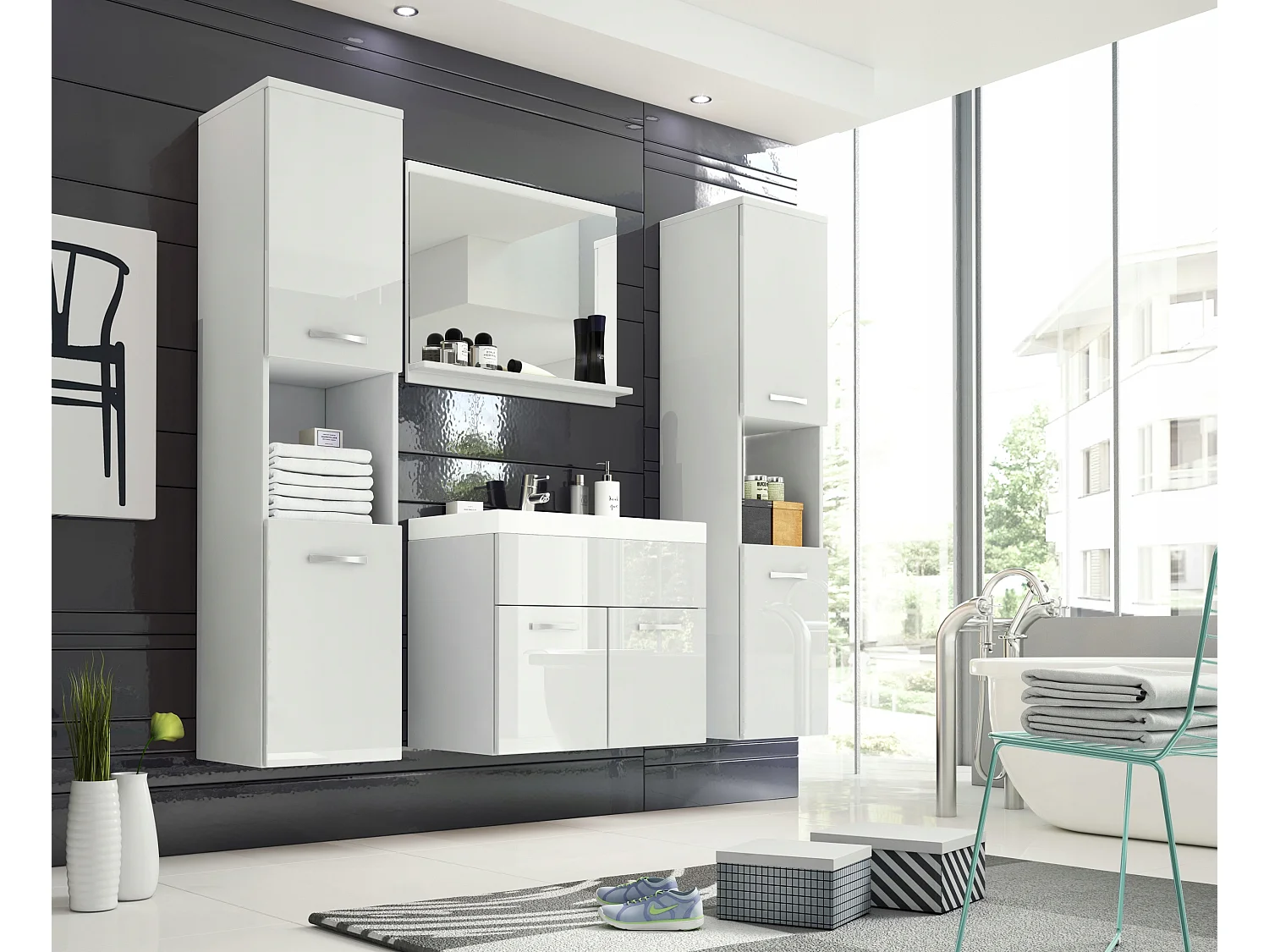 Ensemble de salle de bain suspendu avec lavabo, miroir et 2 colonnes, caisson blanc mat façades blanc brillant