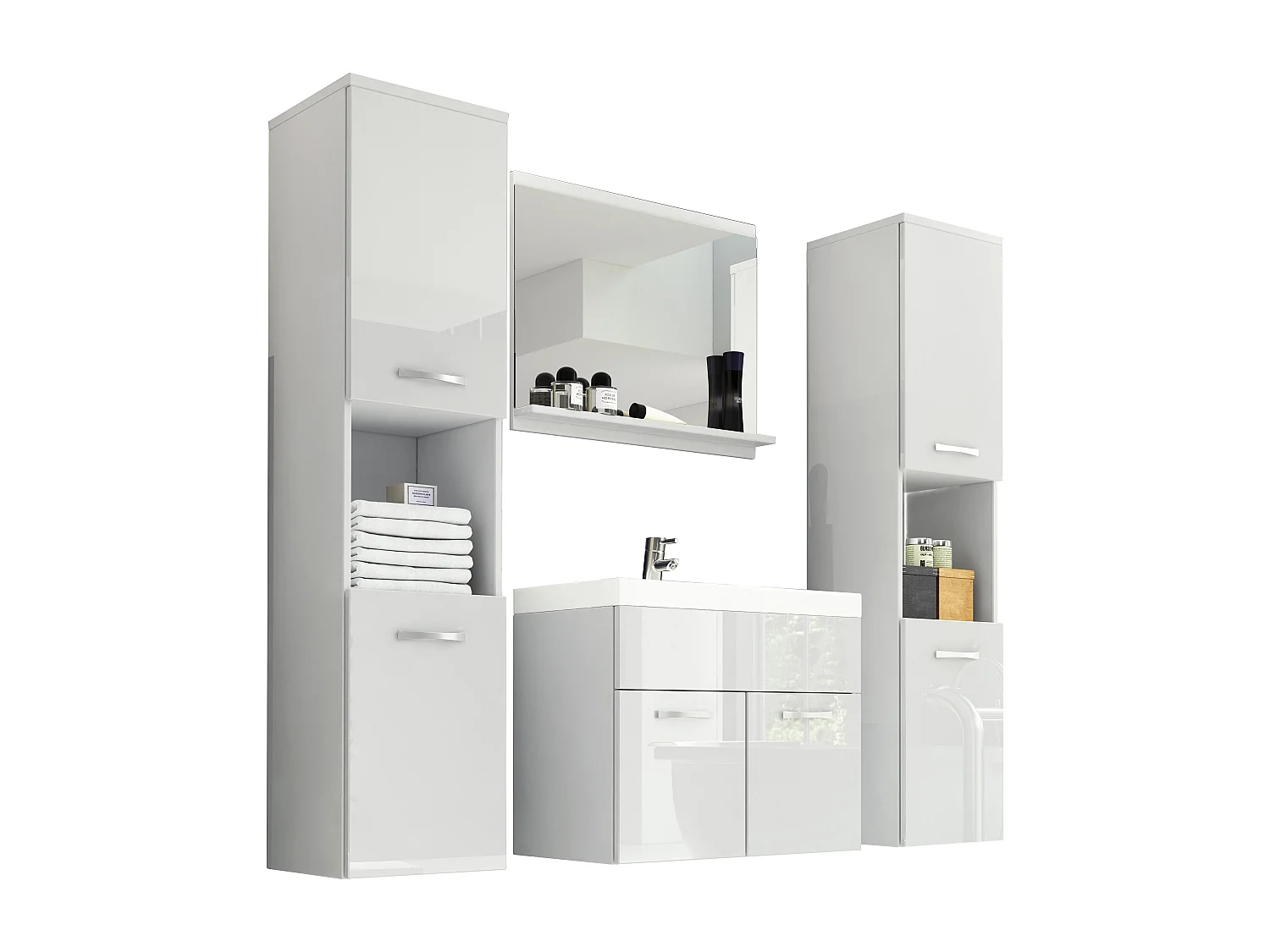 Ensemble de salle de bain suspendu avec lavabo, miroir et 2 colonnes, caisson blanc mat façades blanc brillant