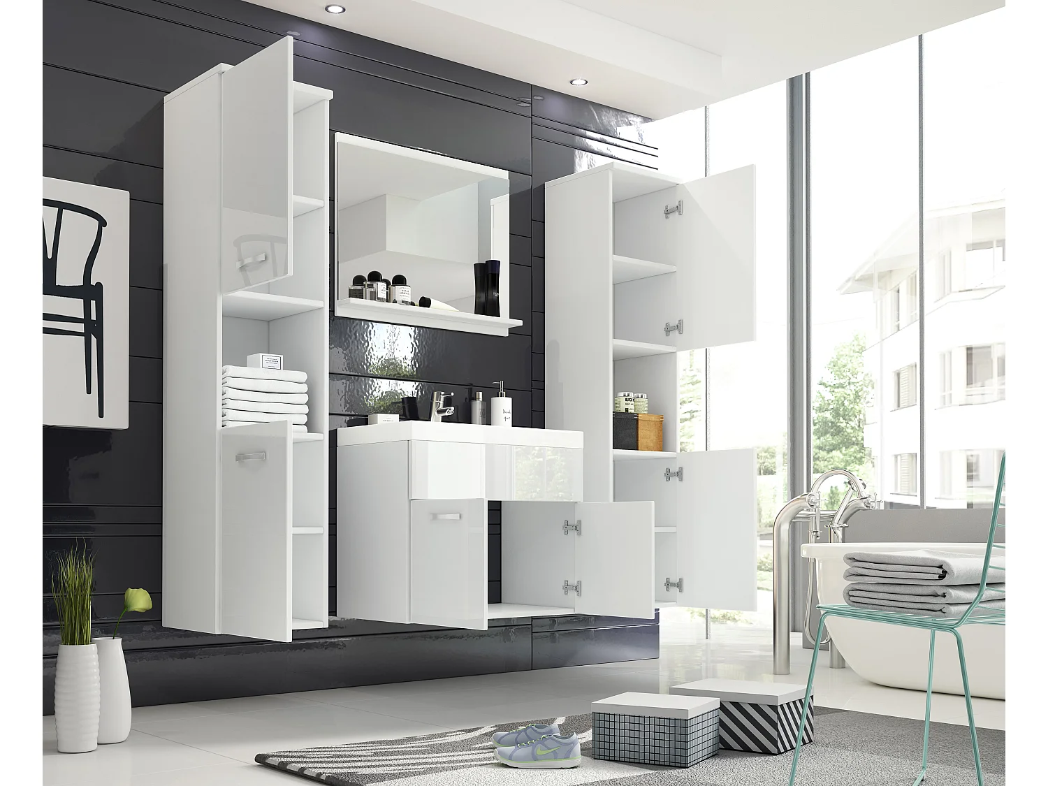 Ensemble de salle de bain suspendu avec lavabo, miroir et 2 colonnes, caisson blanc mat façades blanc brillant