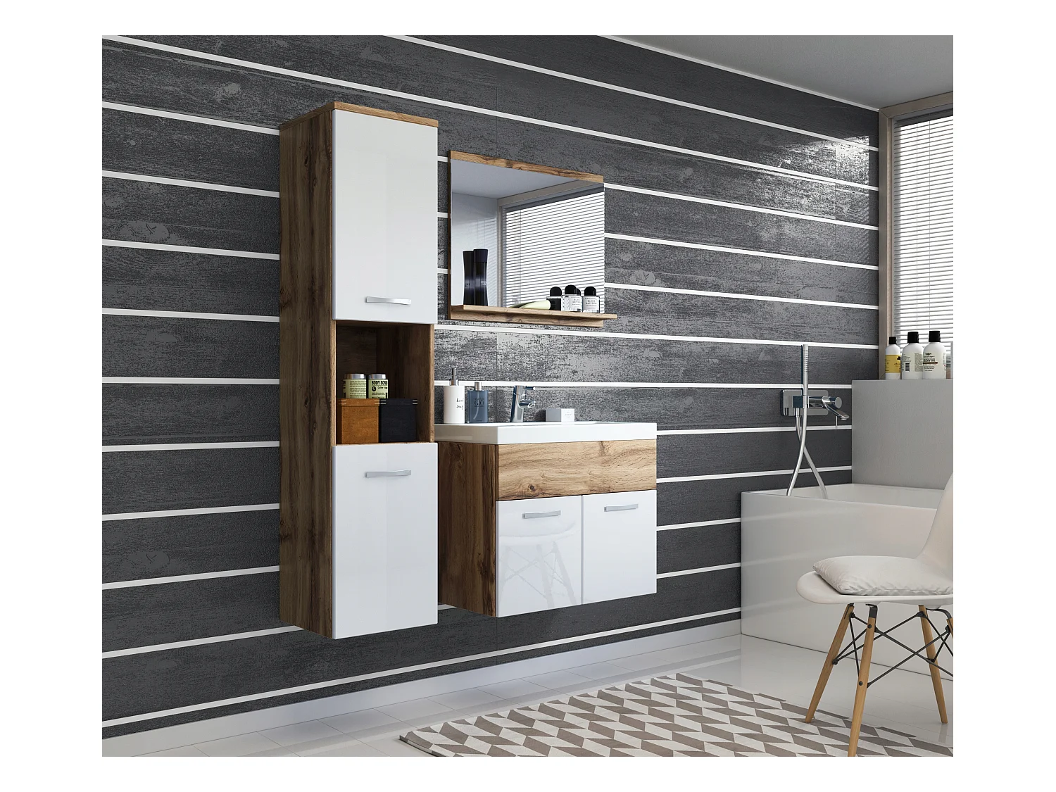 Zestaw mebli łazienkowych, komplet wiszący z umywalką, lustrem i słupkiem, korpus wotan fronty biały połysk