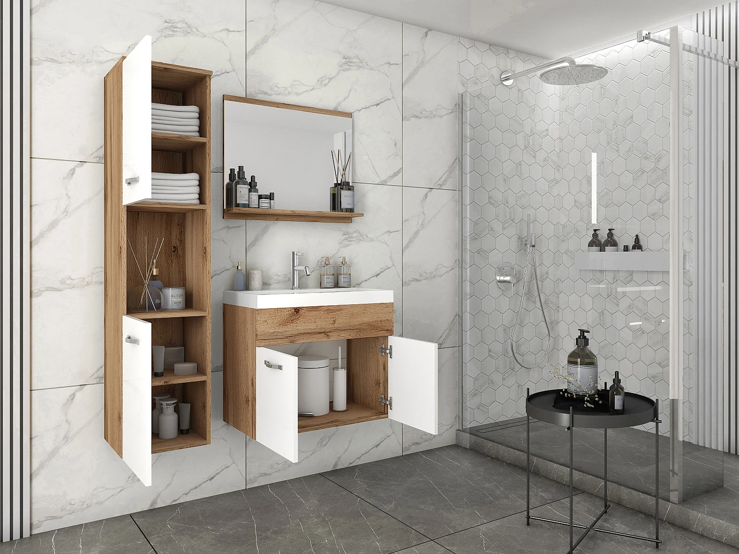 Badkamerset hangend met wastafel, spiegel en kolomkast, corpus wotan fronten wit hoogglans