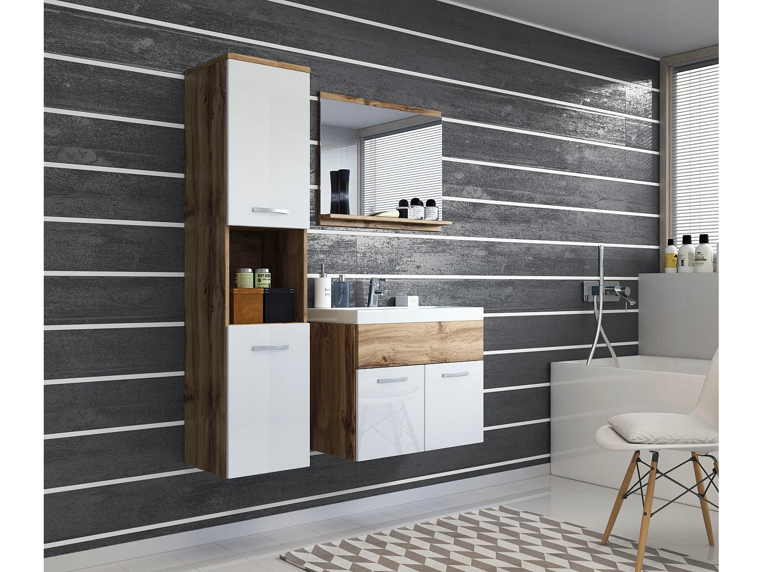 Modernes Montreal Badezimmer-Set mit glänzenden weißen Fronten, Hängendem Waschtisch, Spiegel, Säule, 3-teiliges Set