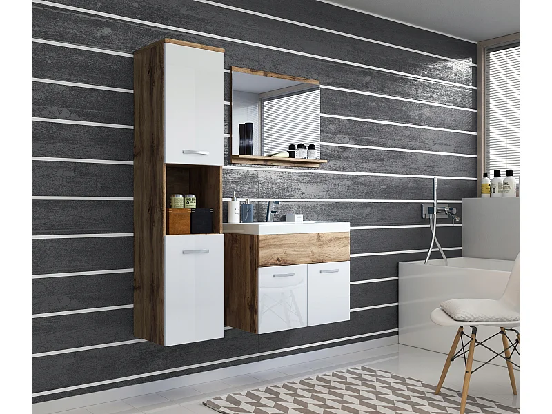 Conjunto de baño colgante con lavabo, espejo y columna, cuerpo wotan frentes blanco brillo