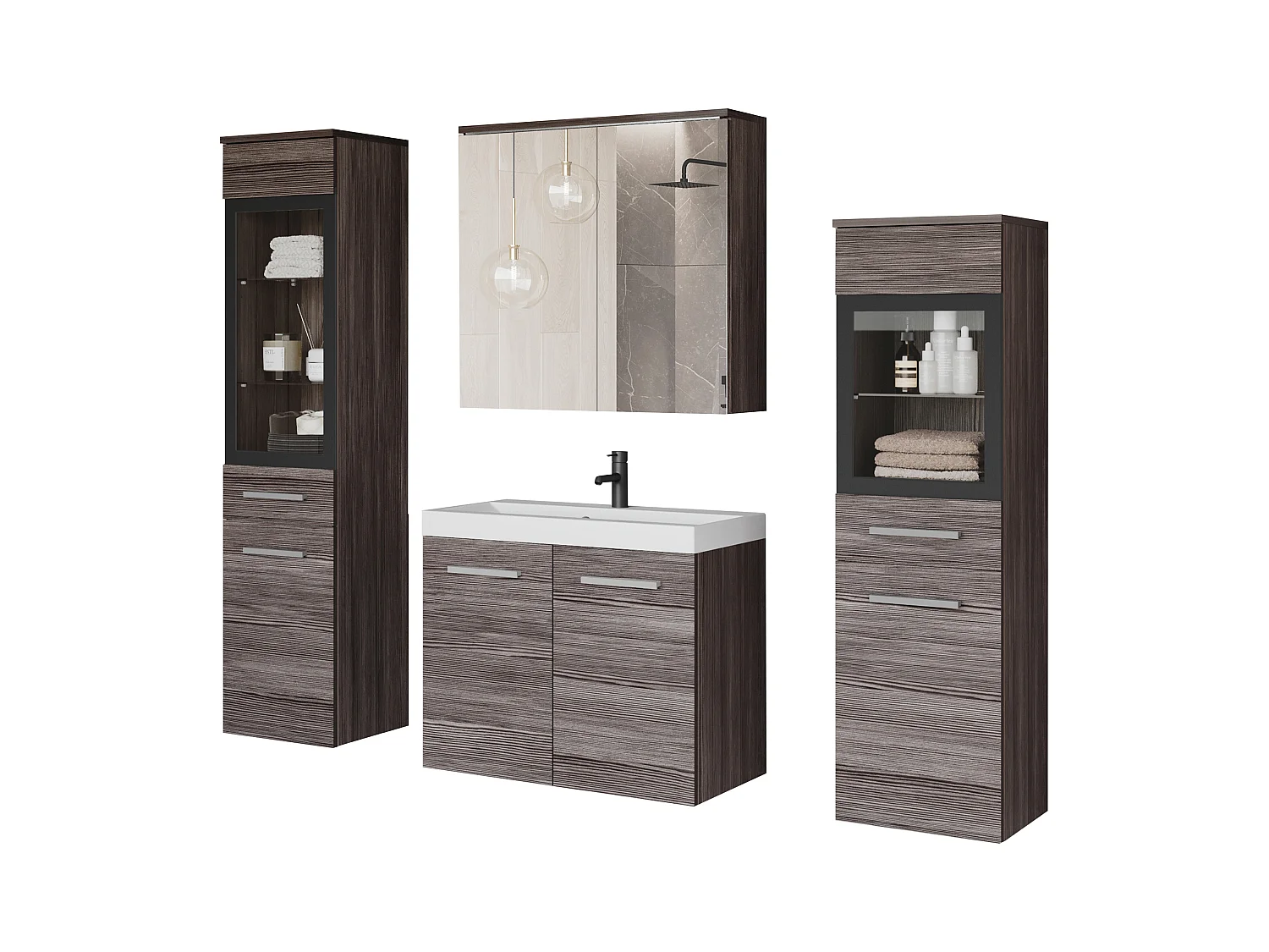 Meble łazienkowe, zestaw wiszący do łazienki z umywalką, 2 słupkami i szafką lustrzaną, bodega mat