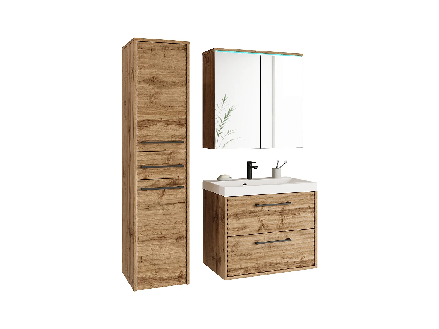 Móveis de casa de banho modernos, conjunto suspenso com lavatório, espelho e coluna, frentes em MDF ondulado, carvalho wotan mate