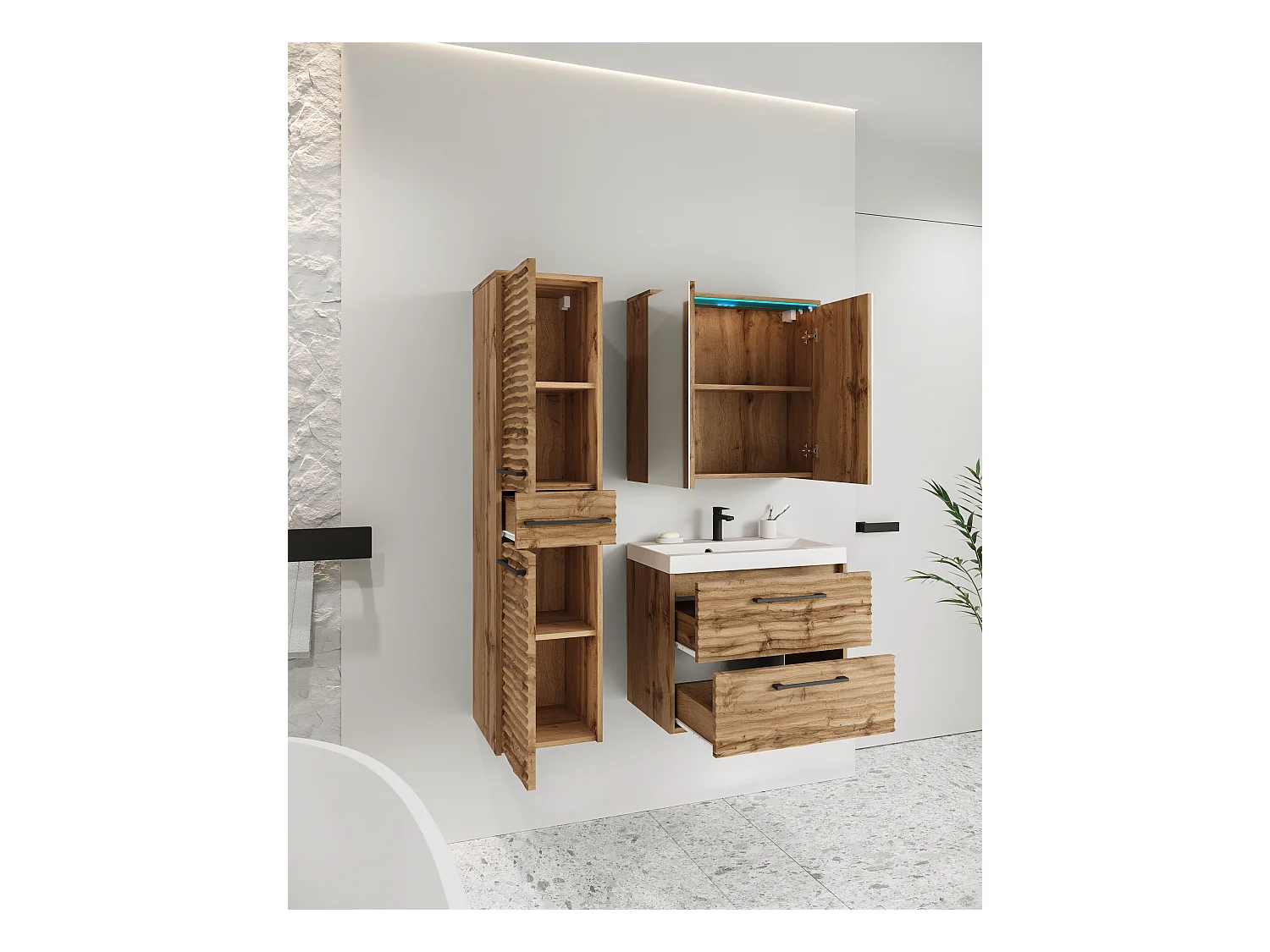 Móveis de casa de banho modernos, conjunto suspenso com lavatório, espelho e coluna, frentes em MDF ondulado, carvalho wotan mate