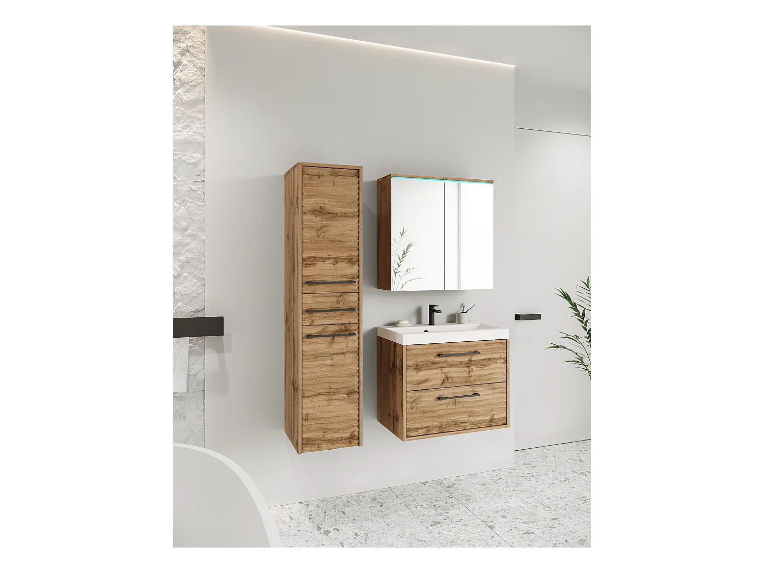 Meubles de salle de bain modernes, ensemble suspendu avec lavabo, miroir et colonne, façades MDF ondulées, chêne wotan mat