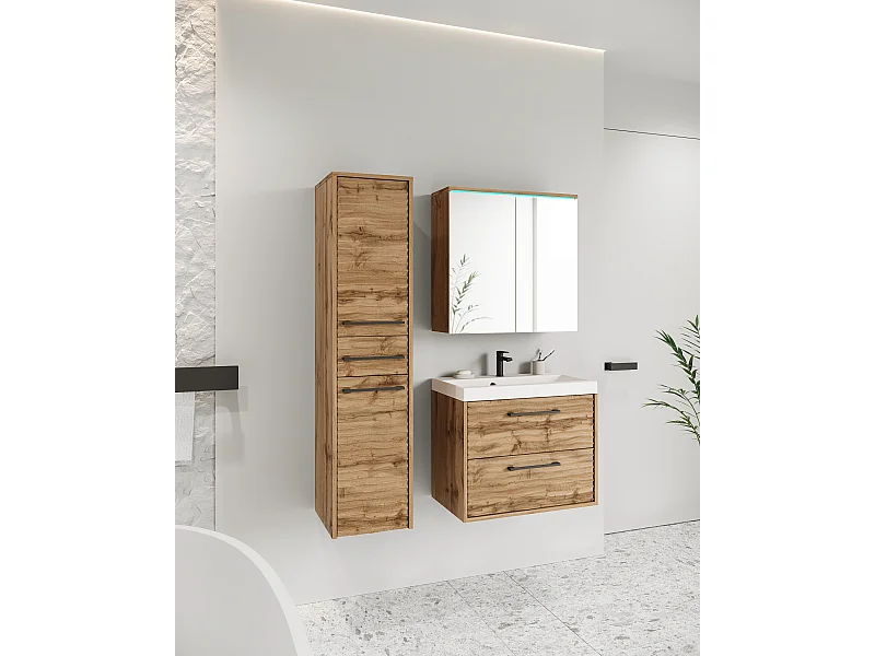 Meubles de salle de bain modernes, ensemble suspendu avec lavabo, miroir et colonne, façades MDF ondulées, chêne wotan mat